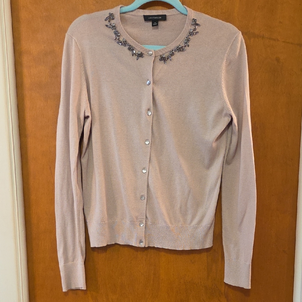 Ann Taylor Blush Pink Jeweled Neck Cardigan M